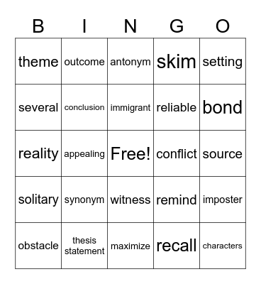 Vocabulary BINGO Card