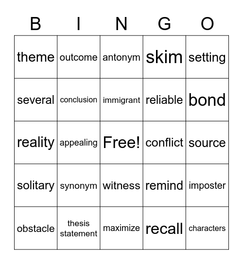 Vocabulary BINGO Card