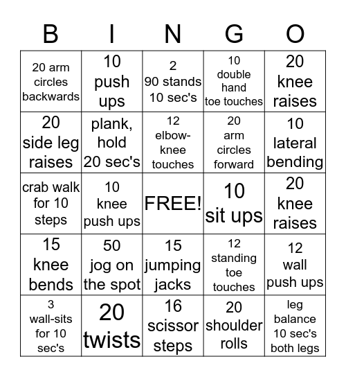 Phys. Ed. Bingo Card