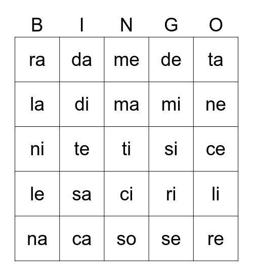 Bingo des Syllabes! Bingo Card