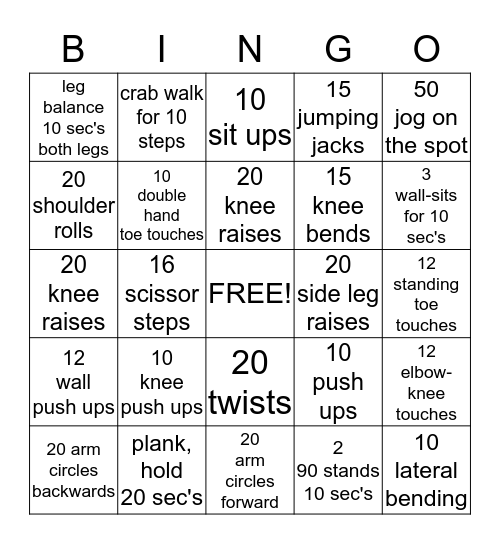 Phys. Ed. Bingo Card