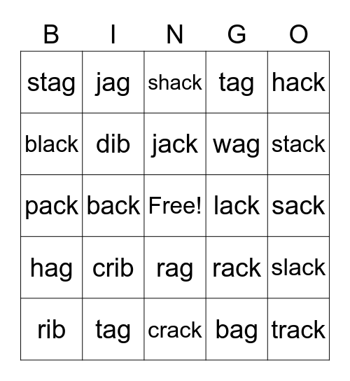 -ag, -ib, -ack Words Bingo Card