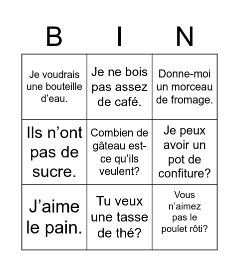 La Nourriture Bingo Card