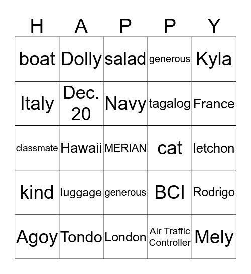 HAPPY BIRTHDAY MERIAN Bingo Card