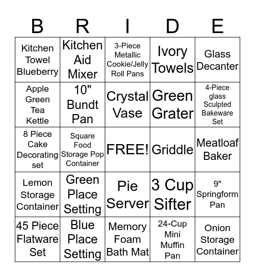 Bridal Shower Bingo Card