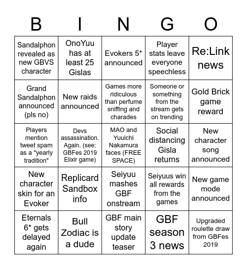 GVS 2020 Bingo Card