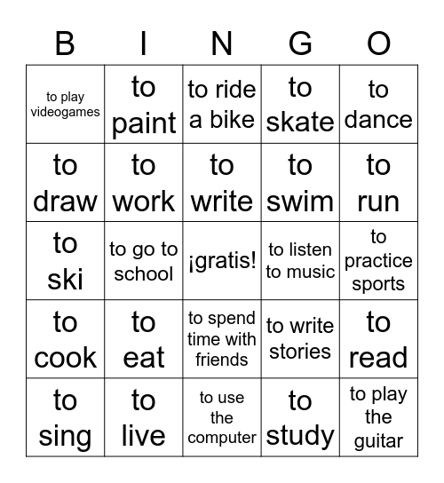 Verbos Infinitivos Bingo Card