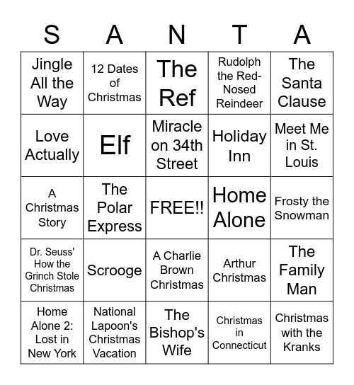 Holiday Movies Bingo Card