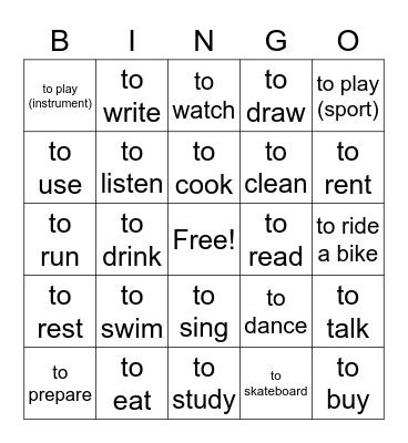 Spanish Verbs Bingo Card