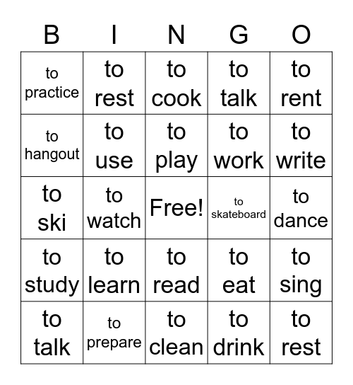 verbs Bingo Card