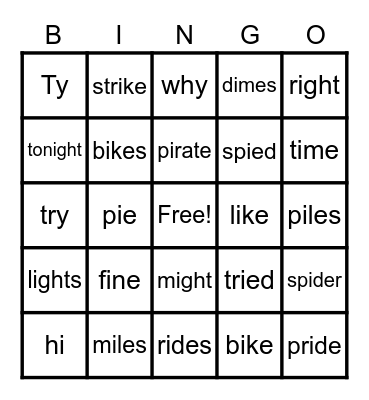 Long /i/ Spelled i, ie, i_e, igh, and y Bingo Card
