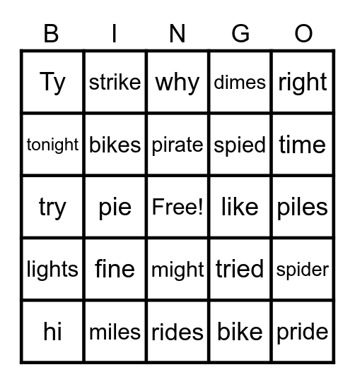 Long /i/ Spelled i, ie, i_e, igh, and y Bingo Card