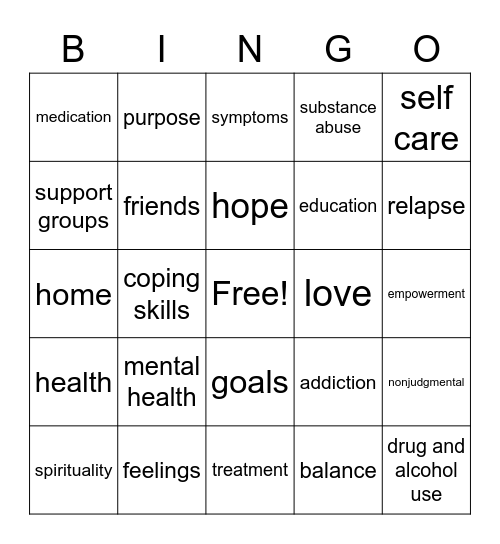 Recovery Bingo Card