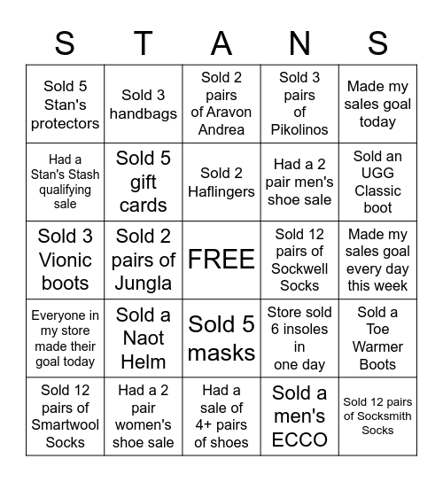 Stan's December Bingo Card