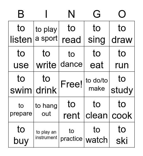 verb bingo Card