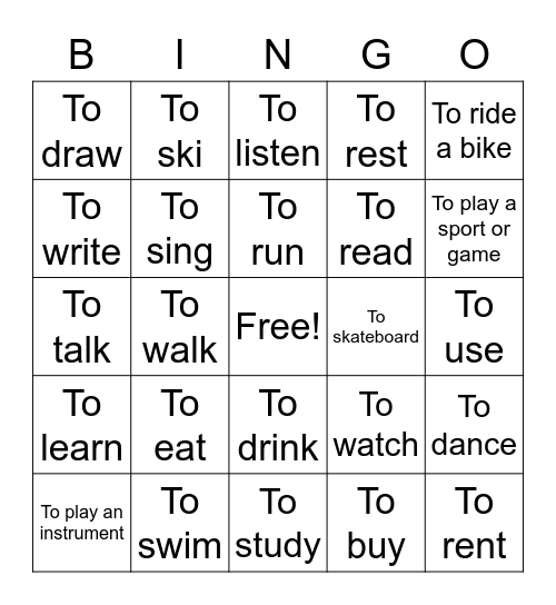 Spanish Verbs Bingo Card
