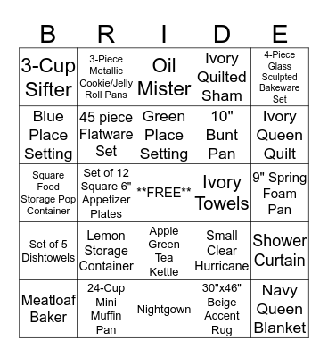Bridal Shower Bingo Card