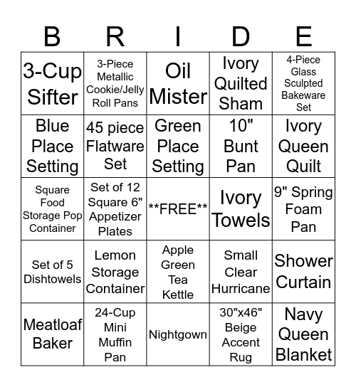 Bridal Shower Bingo Card