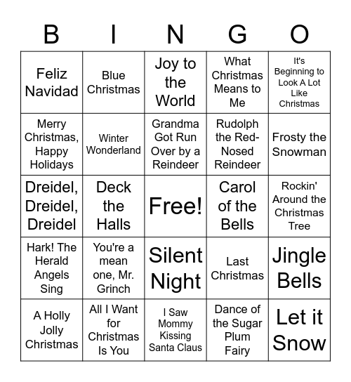 Holiday Song Bingo Card