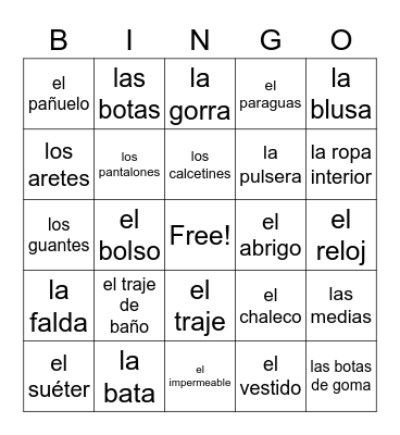 La Ropa Bingo Card