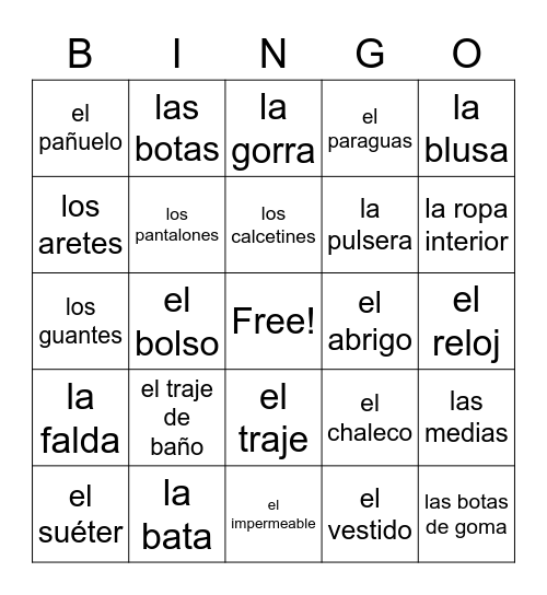 La Ropa Bingo Card