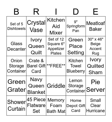 Bridal Shower Bingo Card