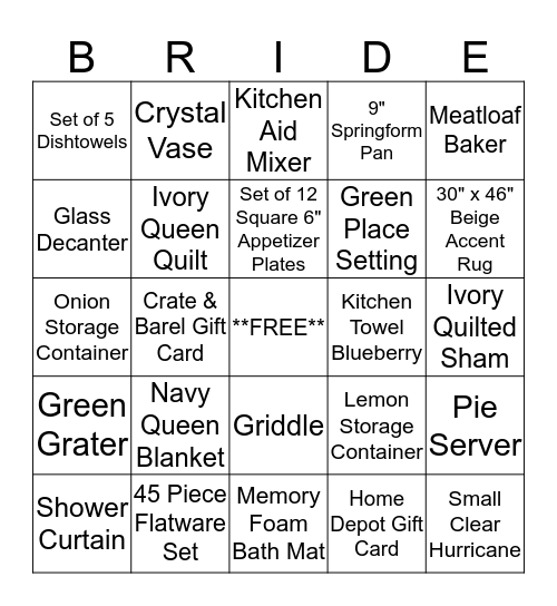 Bridal Shower Bingo Card