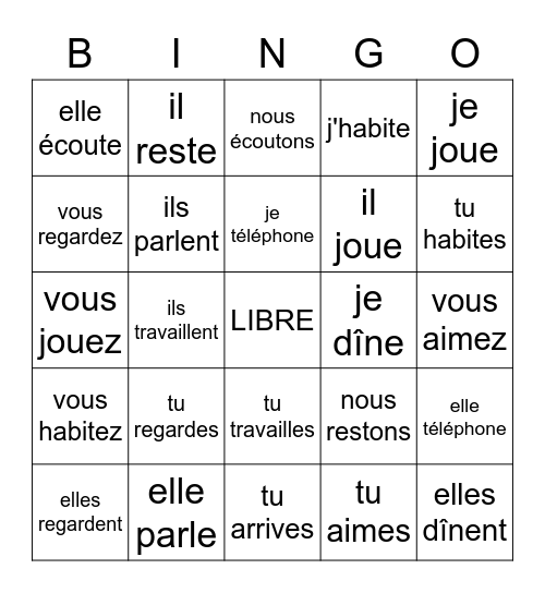 Les verbes  -ER Bingo Card