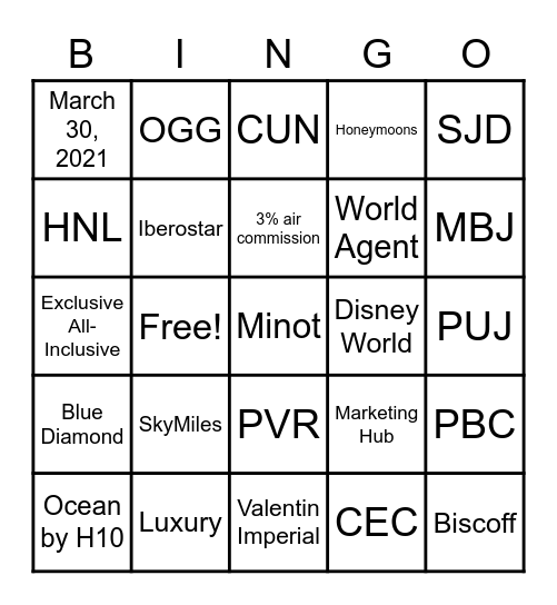 Delta Vacations BINGO Card