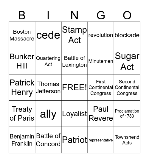 Struggle for Freedom Bingo Card