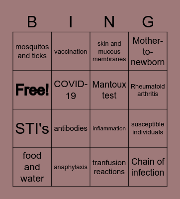 Immunity and Infection BINGO Card