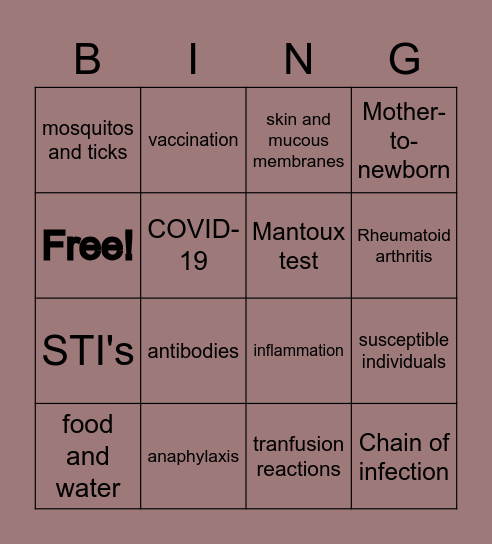 Immunity and Infection BINGO Card