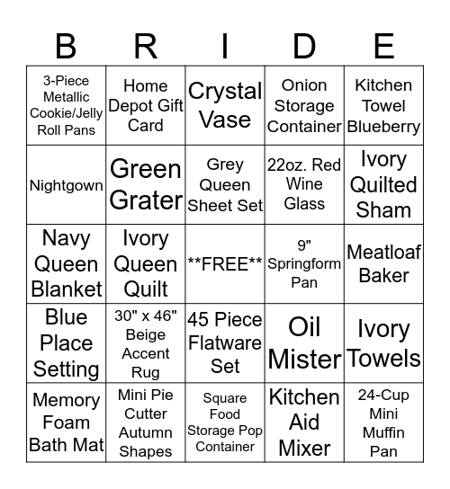 Bridal Shower Bingo Card