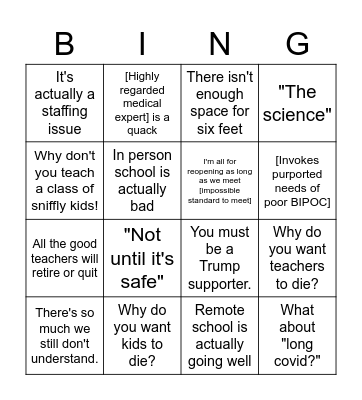 COVID School Shutdown Bingo Card