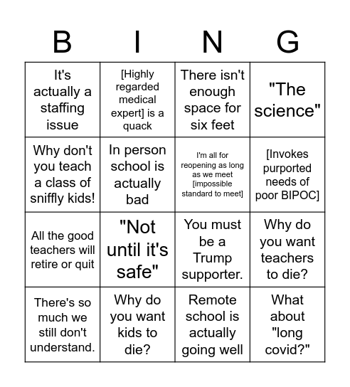 COVID School Shutdown Bingo Card