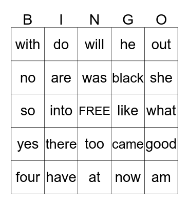 Sight Words Card 2A Bingo Card