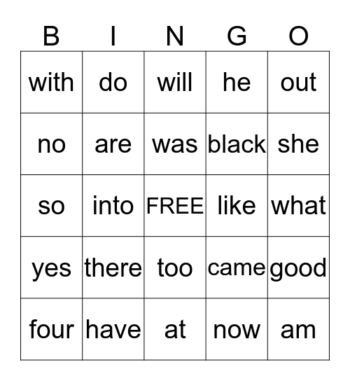 Sight Words Card 2A Bingo Card