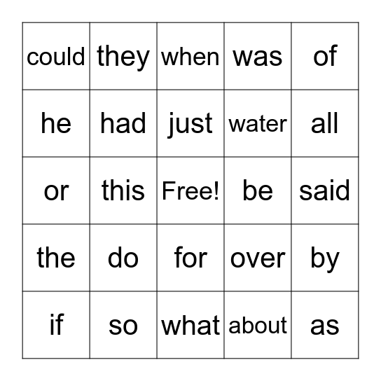 Sight Words Bingo Card