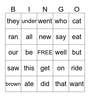 Sight Words Card 2B Bingo Card