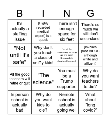 COVID School Shutdown Bingo Card