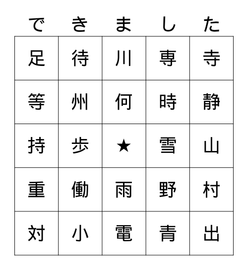 Japanese 2 Units 2 & 3 Kanji Bingo Card