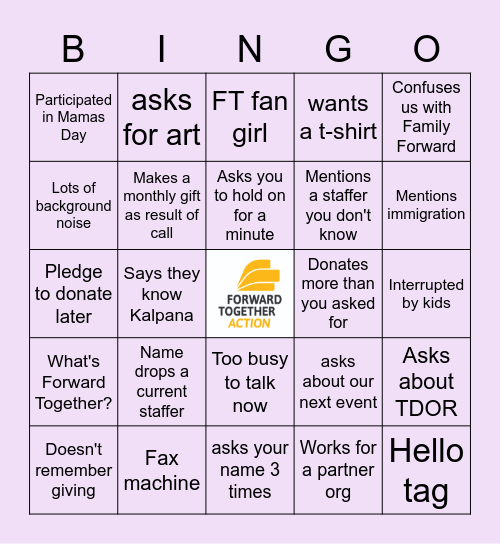 Fundraising Phone Bank Bingo Card