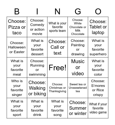 Conversation Starters Bingo Card