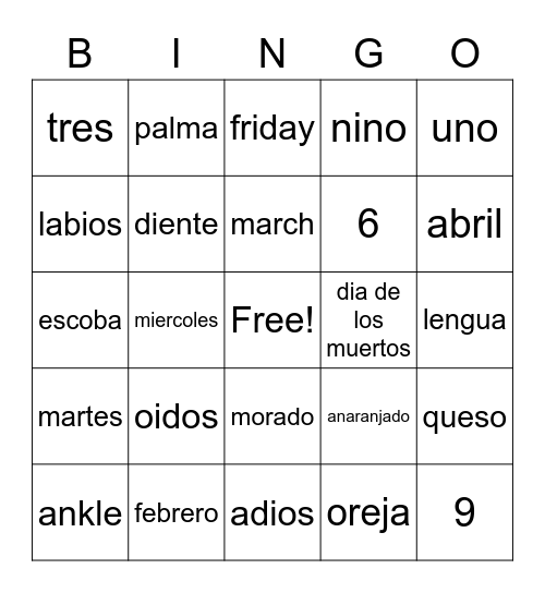 Espanol Bingo Card