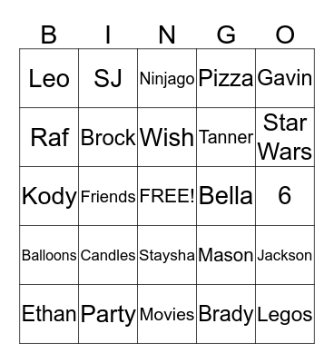 Ethan's Birthday Bingo Card