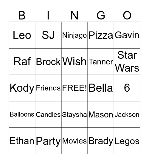 Ethan's Birthday Bingo Card