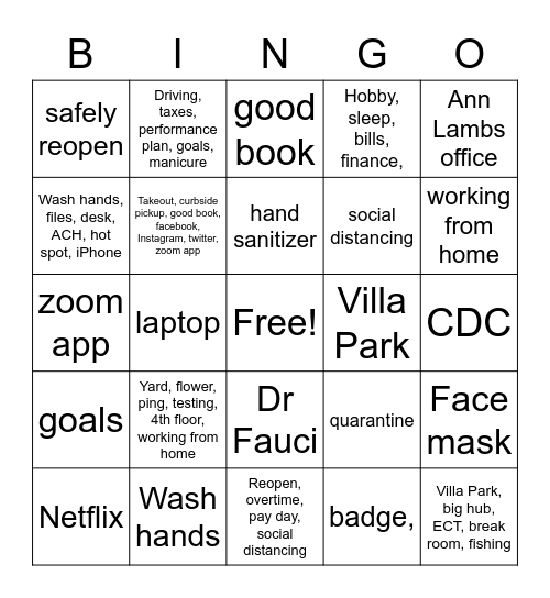 2020 Quarantine Bingo Card