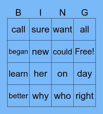Sight Words Bingo Card