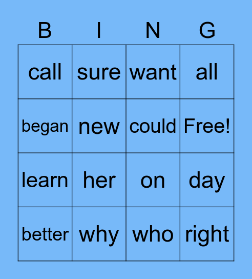 Sight Words Bingo Card