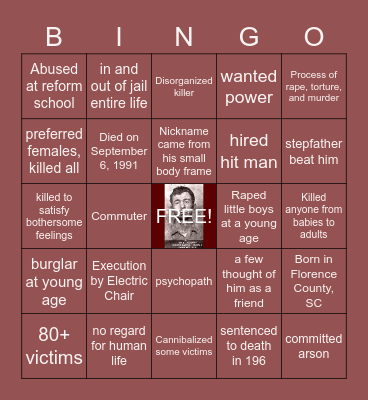 Donald "Pee Wee" Gaskins Bingo Card